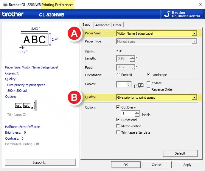 Printer settings for THRESHOLD Badges in your Brother QL 800 Series Printer