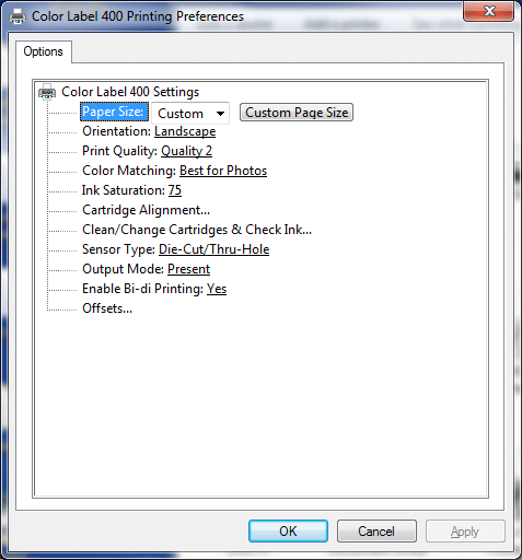 Primera 400 Printing Preferences