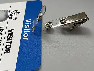 Strap Clip being used on a visitor badge