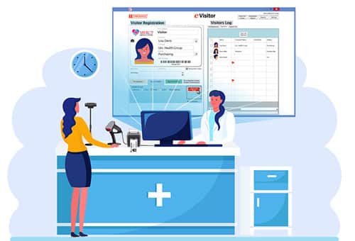 visitor check-in scene in a hospital
