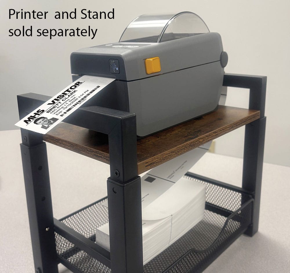 Fanfold visitor badges, Zebra Printer, and Stand