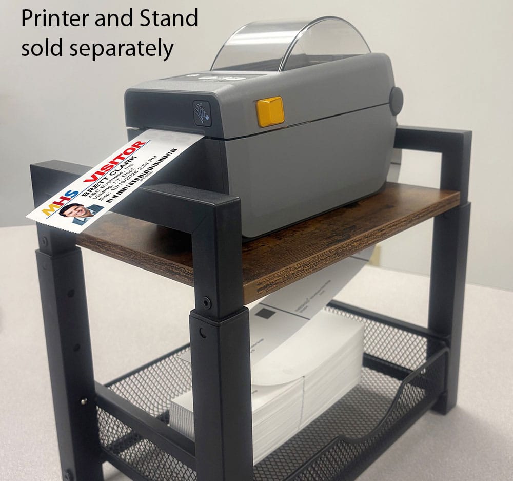 Fanfold visitor badges, Zebra Printer, and Stand