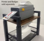Fanfold badges, printer, and stand